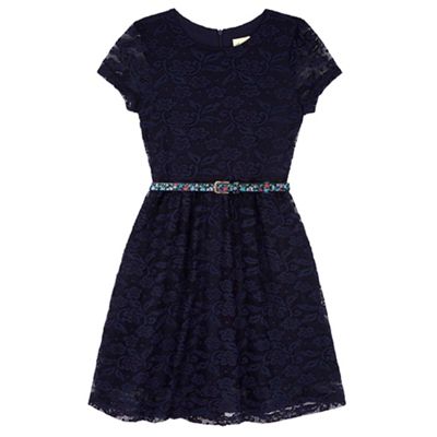 Yumi Girl Blue Belted Lace Skater Dress